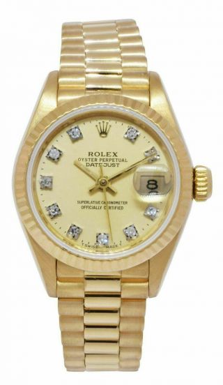 Rolex Datejust President 18k Yellow Gold Champagne Diamond Lady 26mm Watch 69178 2
