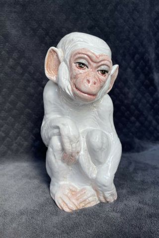 Vintage Italian Majolica Tin Glazed Pottery White Monkey Sculpture Figurine