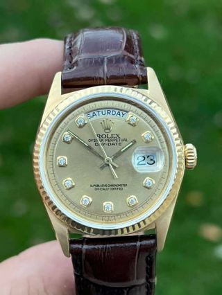 Mens Rolex Day - Date President Solid 18k Yellow Gold Watch Diamond Dial Ref 1803