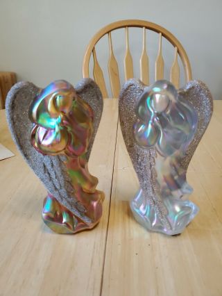 Fenton Iridescent Carnival Glass Angel Figurines With Coralene Wings