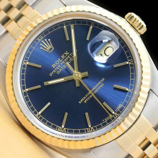 Rolex Mens Datejust 16013 Blue Dial 18k Yellow Gold Stainless Steel Watch