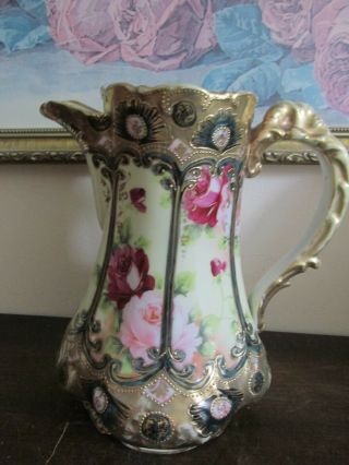 Nippon Maple Leaf Porcelain Hand Painted Chocolate Pot Moriage Roses Heavy Gold