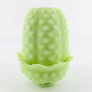 Fenton Green Satin Pressed Glass Hobnail 2 Piece Candle Fairy Courting Lamp Glow