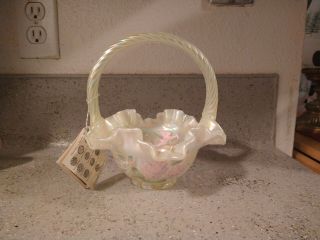 Fenton Topaz Hydrangea Carnival Glass & Opalescent Hand Painted Floral Basket