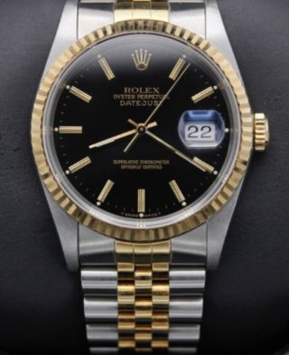 1990 Rolex Mens Datejust Two - Tone Factory Black Index Dial 36mm Watch 16233