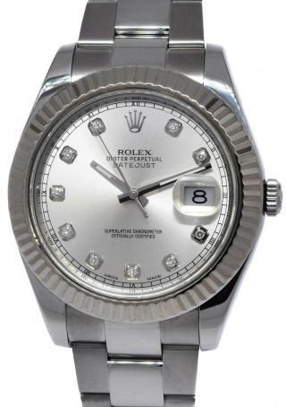 Rolex Datejust Ii Steel & 18k White Gold Bezel Diamond Dial 41mm Watch G 116334