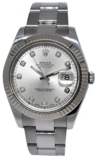 Rolex Datejust II Steel & 18k White Gold Bezel Diamond Dial 41mm Watch G 116334 2