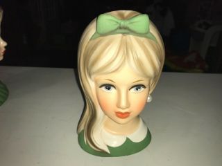 Vintage 7 1/4 " Napco Teen Girl Headvase Head Vase Bow C8494 Napcoware Green