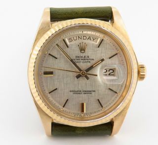 Vintage 1972 Rolex Day - Date 18k Men’s Wrist Watch 1803 With Linen Dial