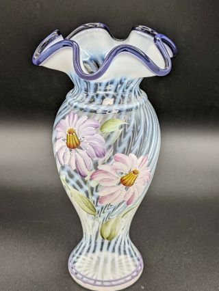 9 " Vintage Fenton Spiral Optic Opalescent Glass Violet Crest Vase Signed