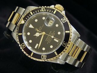 Rolex Submariner Date 18k Yellow Gold Stainless Steel Watch Mens Black Sub 16613