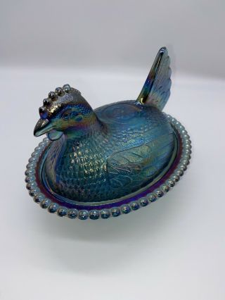 Vtg Teal Blue Green Irridescent Carnival Glass Hen On A Nest Chicken Dish 7” Euc