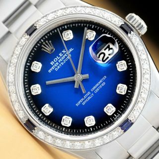 Mens Rolex Datejust Blue Vignette 18k White Gold Diamond Sapphire & Steel Watch