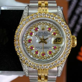 Rolex Lady Datejust 69173 Watch Two - Tone White Mop Ruby Dial Lugs Diamond Bezel