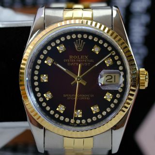 Rolex Mens Datejust Watch 18ky & Ss String Red Vignette Diamond Dial 16233 36mm