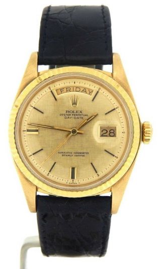 Mens Rolex Day - Date President 18k Yellow Gold Watch Brown Band Linen Dial 1803