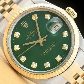 Rolex Mens Datejust 16013 Green 18k Yellow Gold & Steel Quickset Diamond Watch