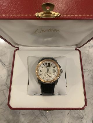 Cartier Calibre Steel & 18k Rose Gold Silver Dial 42mm Watch W7100039 -