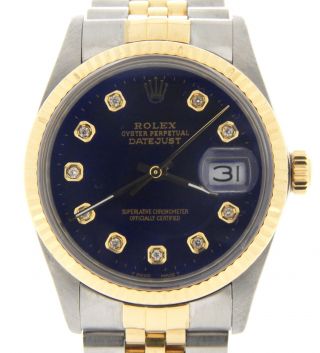 Rolex Datejust Mens Stainless Steel 18k Yellow Gold Jubilee Blue Diamond 16013