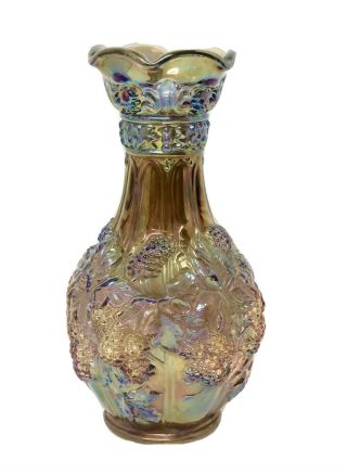 Vintage Imperial Smoke Loganberry Carnival Glass Vase Iridescent Grape Leaf 10 "