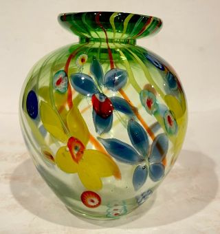 Vtg Murano Heavy Glass Vase Colorful Millefiori Flowers Green Red Clear Base