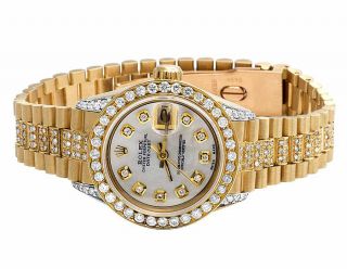 Ladies 26 Mm Rolex President Datejust 18k Yellow Gold Diamond Watch 8 Ct