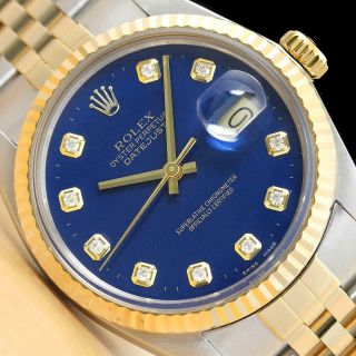 Rolex Mens Datejust 16013 Blue Diamond 18k Yellow Gold & Steel Quickset Watch