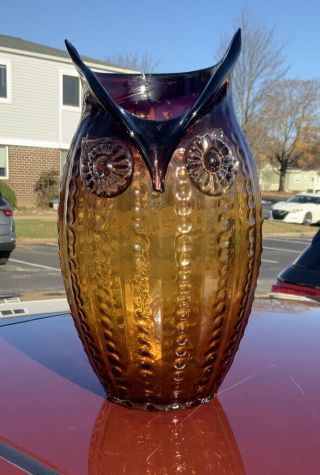 Blenko Large Tall Owl Vase Honeycomb Amber 11 Inches