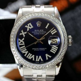 Rolex Mens Datejust Blue Roman Diamond Dial Diamond Bezel 36mm -