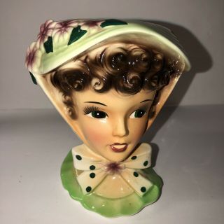 Unmarked Lefton ? Ceramic Lady Head Vase Planter Green Hat Polka Dot Scarf