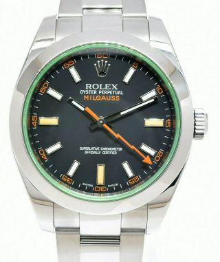 Rolex Milgauss Steel Black Dial Green Crystal Orange Hand Mens 40mm Watch 116400