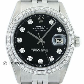 Mens Rolex Diamond Datejust 18k White Gold & Stainless Steel Black Dial Watch