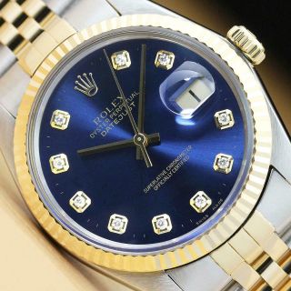 Rolex Mens Datejust Blue Diamond 18k Yellow Gold Stainless Steel Quickset Watch