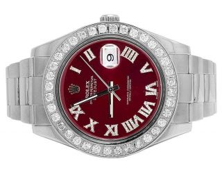 Mens 41 Mm 116300 Rolex Datejust Ii S.  Steel Red Roman Dial Diamond Watch 4.  5 Ct