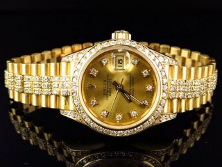 Ladies 27 Mm Rolex President Datejust 18k Yellow Gold Diamond Watch