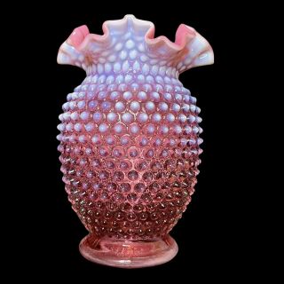 Vintage Fenton Cranberry Hobnail Opalescent Large 8 " Tall Vase Ruffled Rim