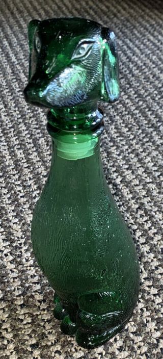 Vintage Mcm Green Art Glass Dog Decanter Bottle,  9” Empoli Inspired Design
