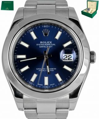 2014 Rolex Datejust Ii 41mm 116300 Blue Smooth Stainless Steel Oyster Watch