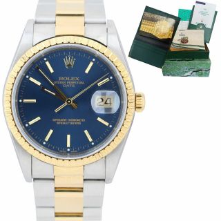 Unpolished 2000 Rolex Date 15223 34mm Blue Two - Tone Gold Steel Watch Box Papers
