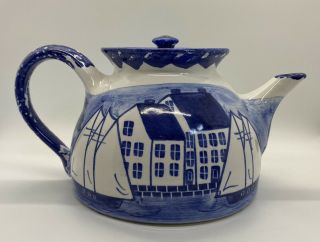 Shard Pottery Maine Coastal Village Spongeware Teapot Blue White Sailboat