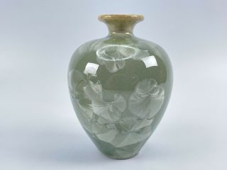 Gorgeous Art Crystalline Celadon Green Pottery Vase Louise Redding Signed 4.  5 "