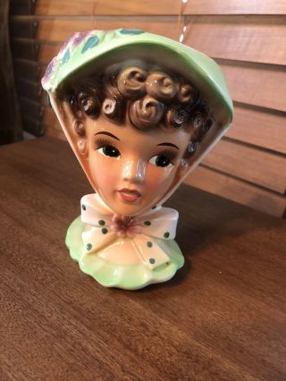 Vintage Lady Head Vase - Green Hat With Flowers And Curly Hair 4in X 5in