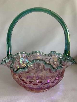 Fenton Iridescent Pink/teal Art Glass Basket Thumbprint Pattern,  Signed