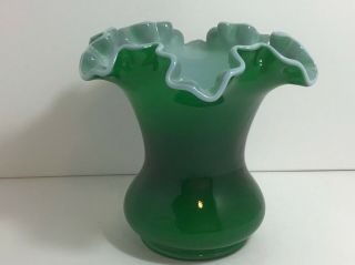 Vintage Fenton Glass Emerald Green Ivy Overlay Vase 6”