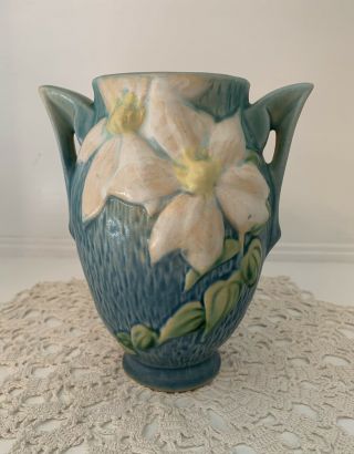 Vintage Roseville Art Pottery Blue Clematis Handled Vase 102 - 6