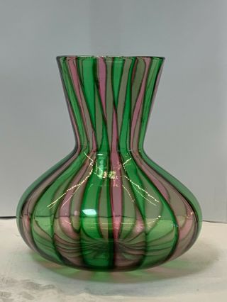 Handblown Midcentury Murano Glass Vase Fratelli Toso Green & Pink A Canne Style