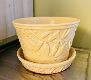 Hobnail Leaves Flower Pot Planter Saucer Mccoy Pottery Yellow Vintage 1940s