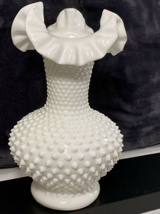 Fenton Vintage Large White Milk Glass Hobnail 11” Crimped Ruffled Edge Vase