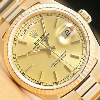 Rolex Mens Daydate 18238 Champagne 18k Yellow Gold President Double Qs Watch
