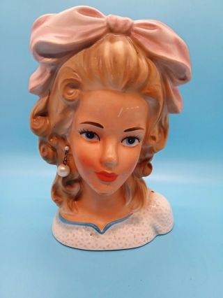 Vintage Lady Head Vase Enesco Smart Girl 6.  5” Japan Pink Bow Ear Ring